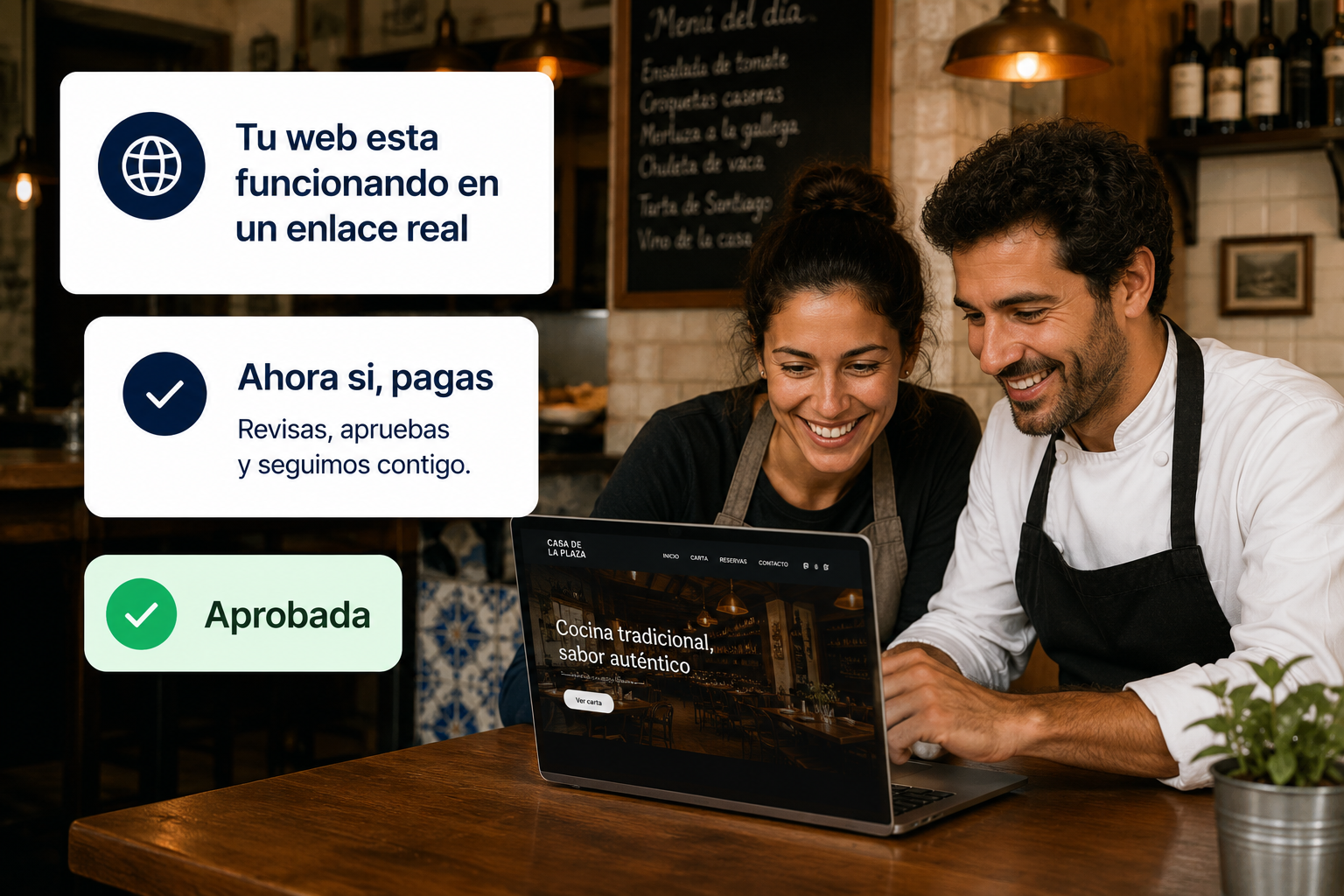 Clientes revisando su web terminada en un enlace real antes de pagar