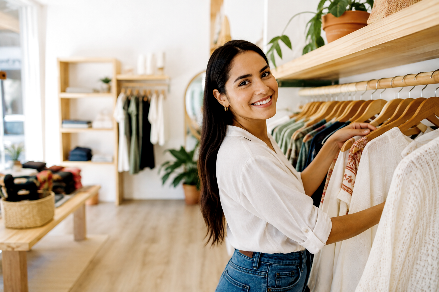 Dueña de una boutique de ropa española en su tienda