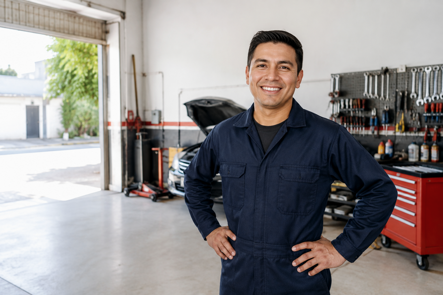 Dueño de un taller mecánico español en su local