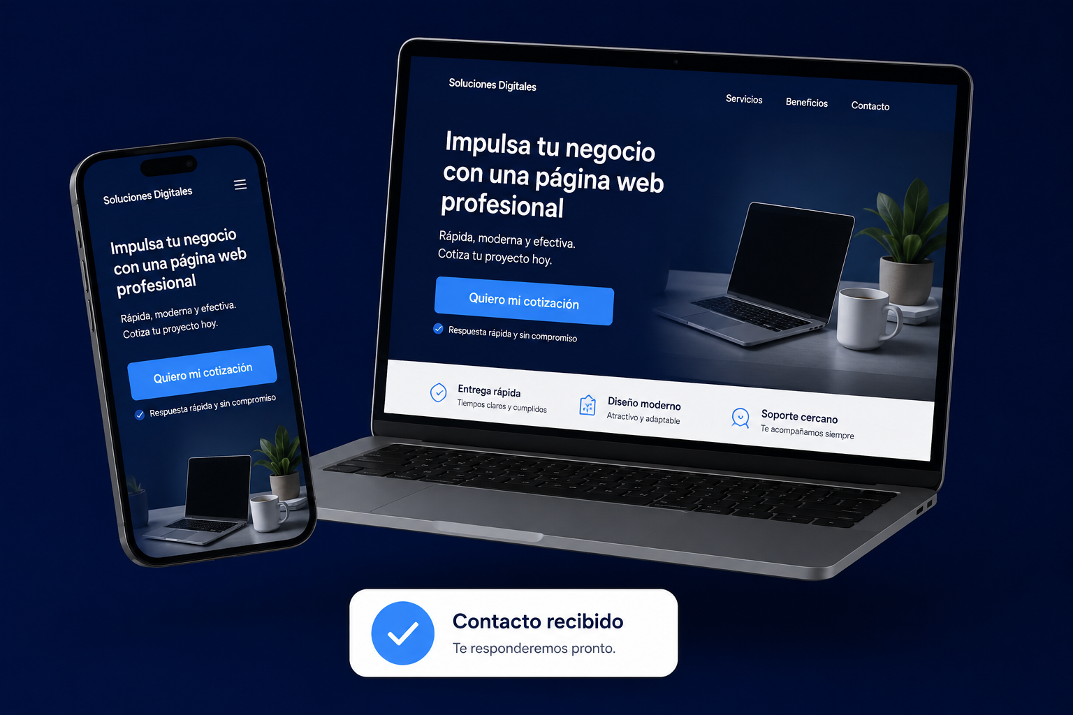 Landing page española en móvil y laptop con contacto recibido