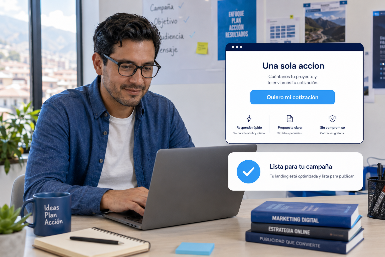 Emprendedor español con su landing page de campaña lista