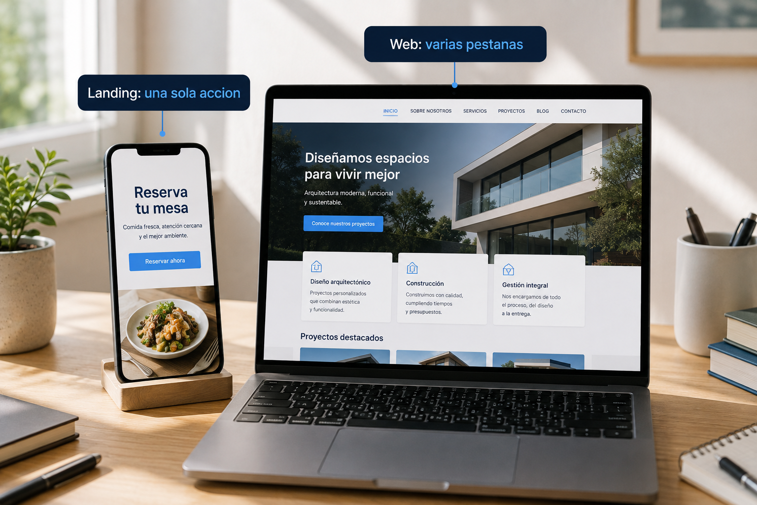 Comparación entre landing page de una acción y web corporativa