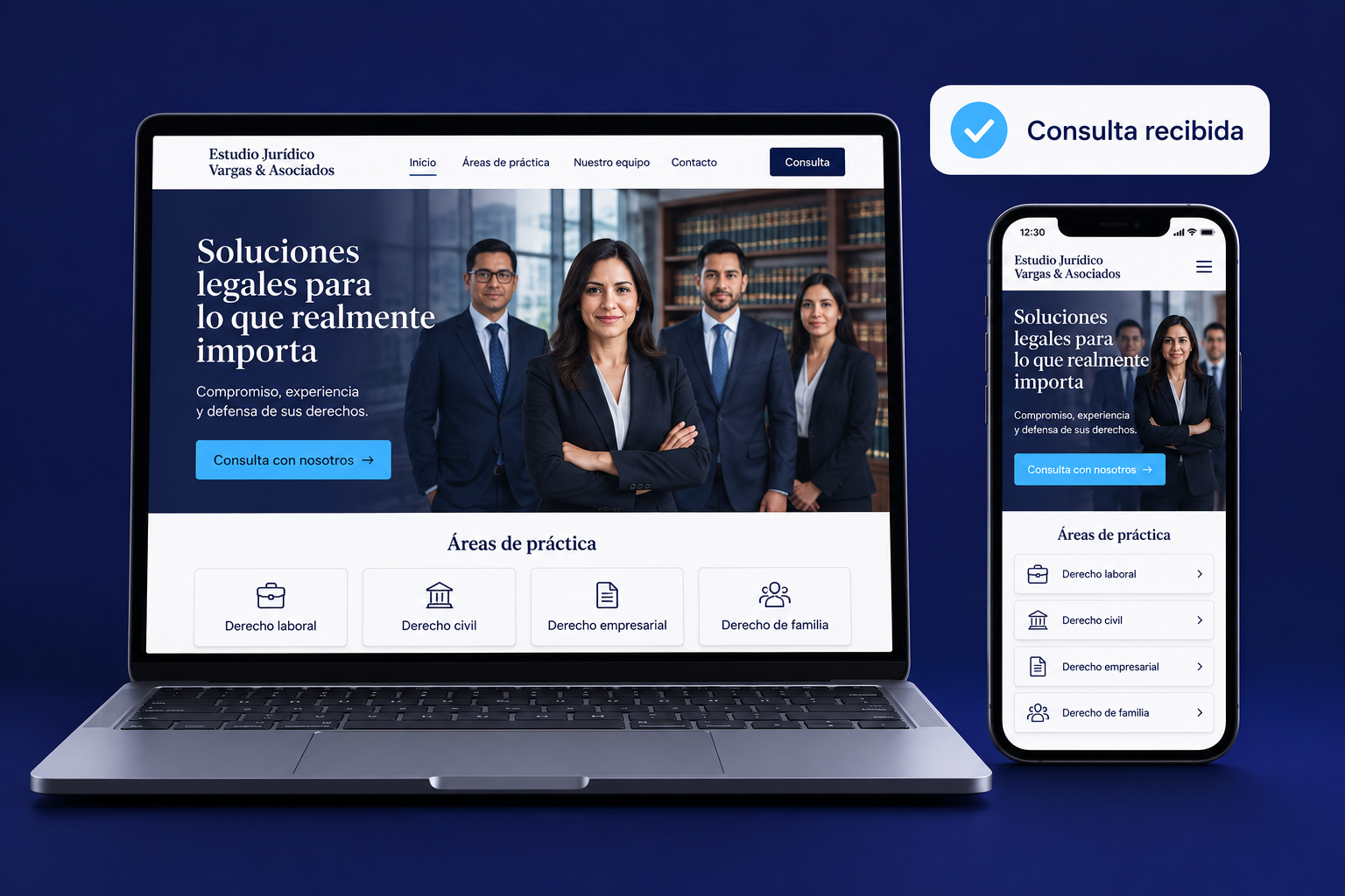 Página web de estudio jurídico español en laptop y móvil