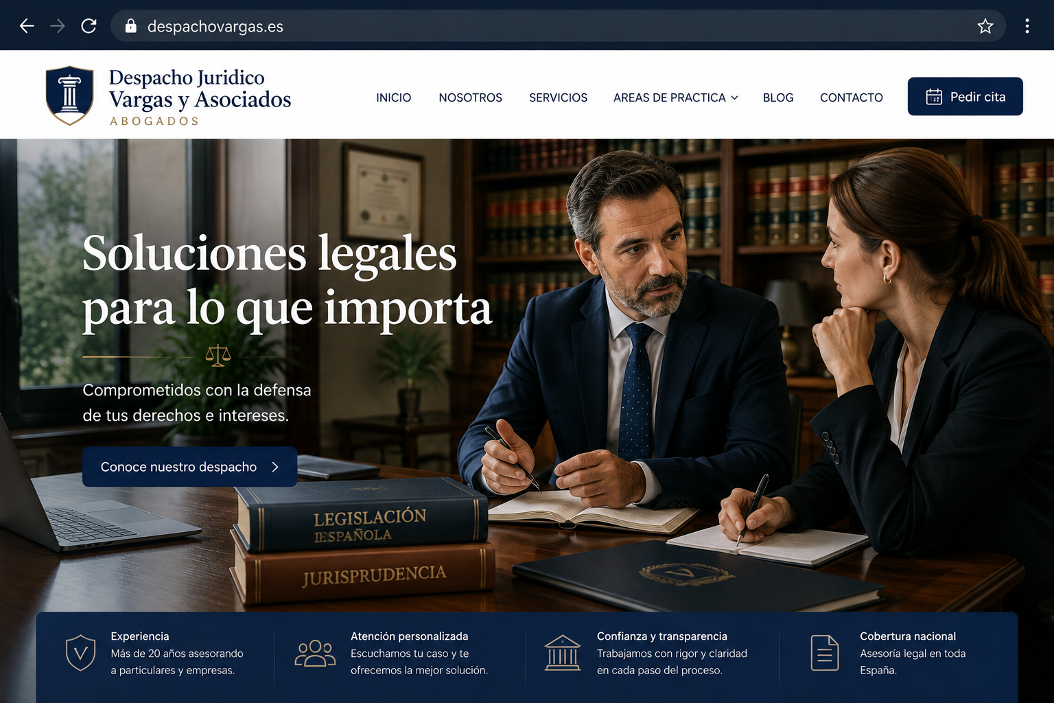 Abogada española en su estudio jurídico con su página web