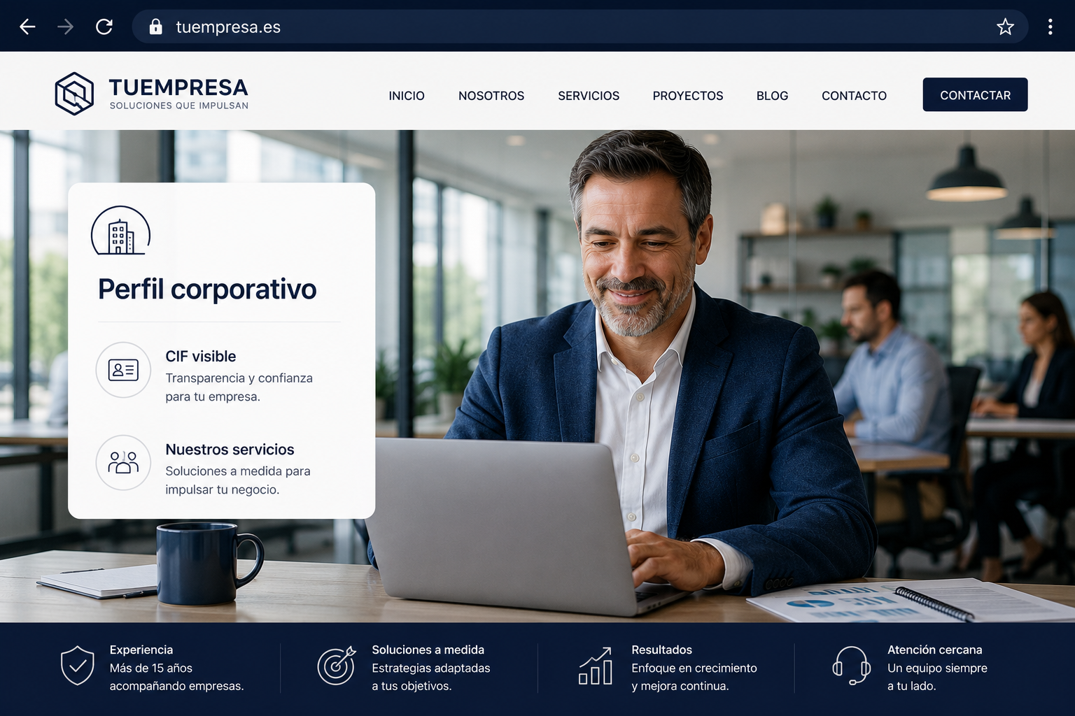 Gerente de pyme española con la web corporativa de su empresa