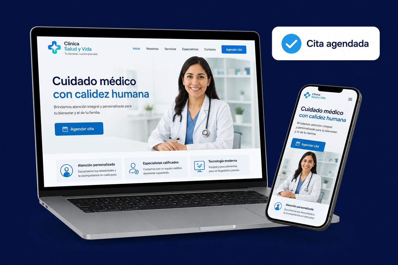 Página web de clínica española con cita agendada en laptop y móvil