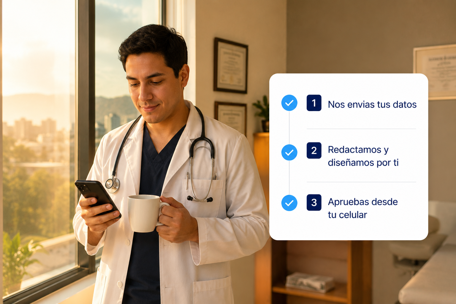 Médico aprobando su página web desde el móvil entre consultas