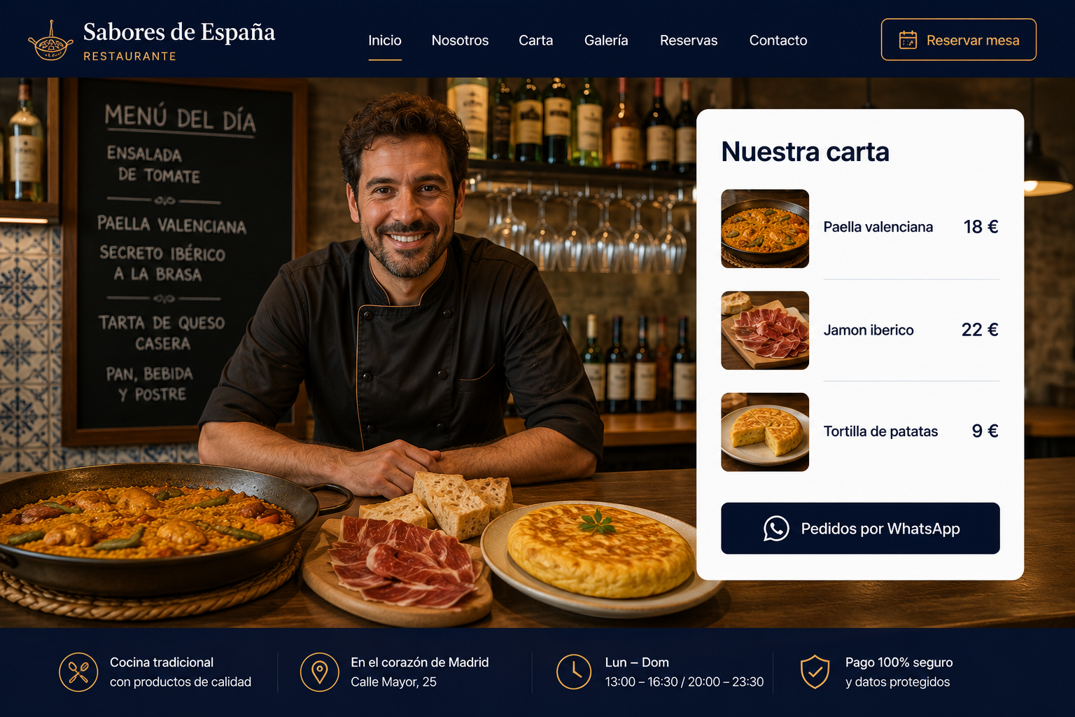 Chef español con su carta digital y pedidos por WhatsApp