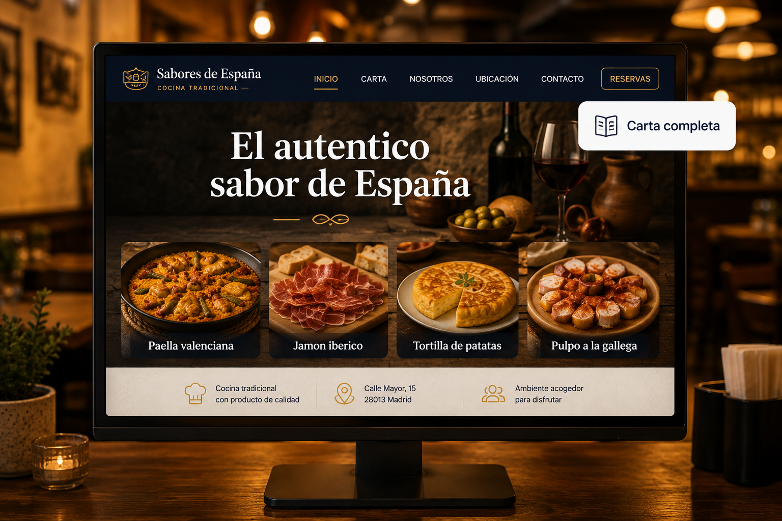 Página web de restaurante español con carta completa y pedidos