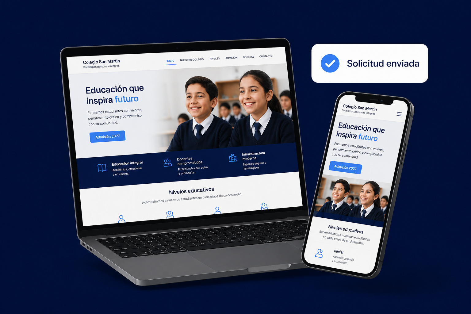Web institucional de colegio español en laptop y móvil