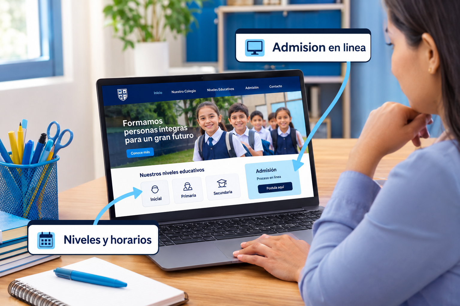 Página web de colegio con admisión en línea, niveles y horarios
