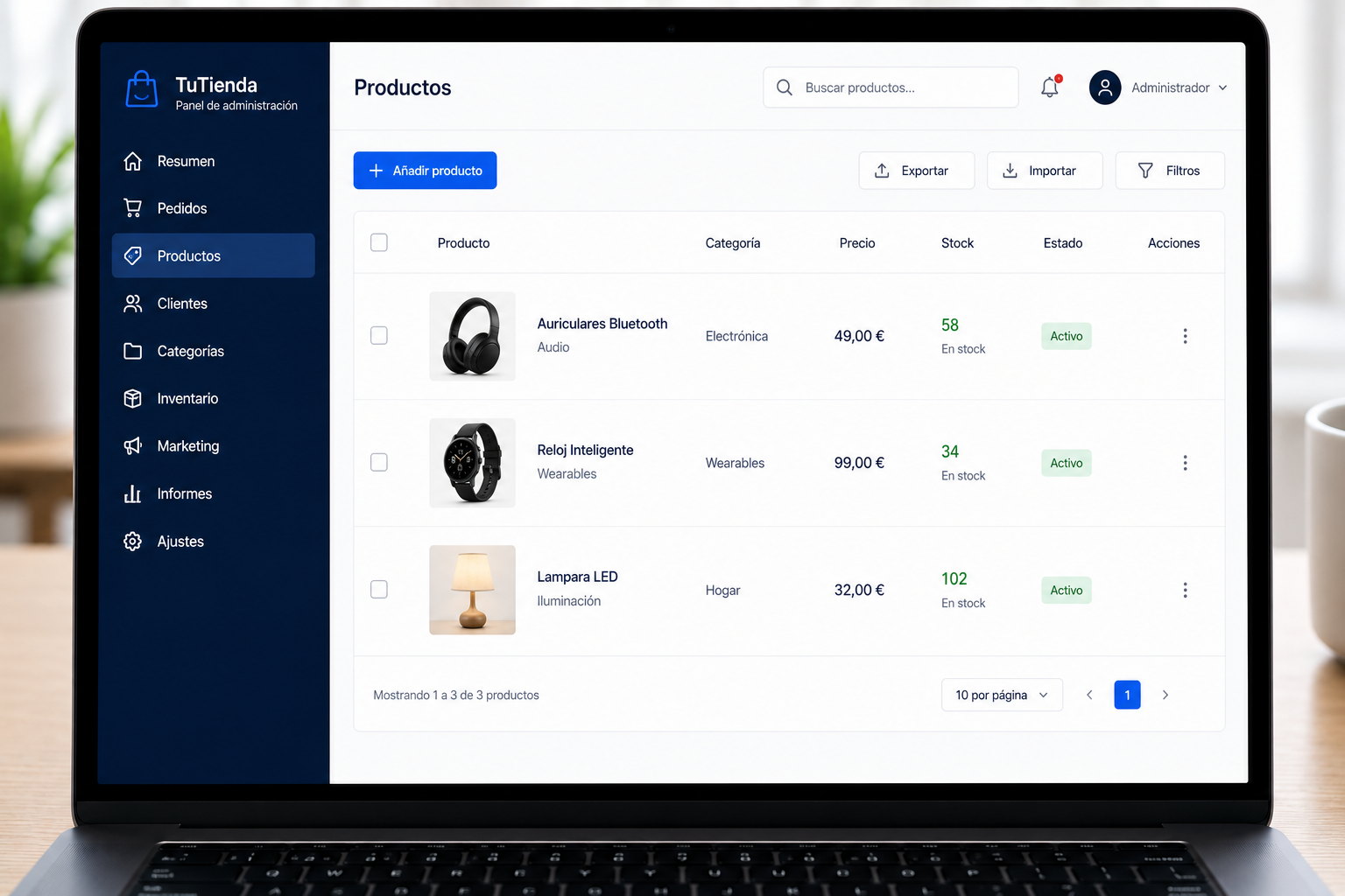 Panel de productos con altas en un clic