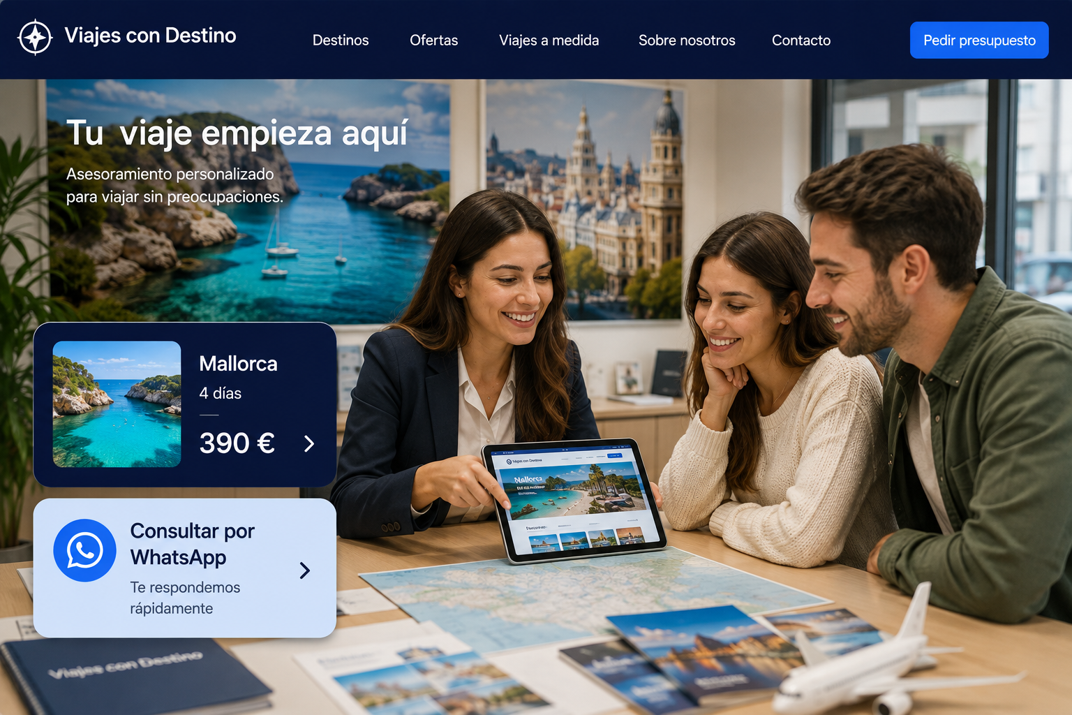 Asesora de agencia de viajes mostrando paquetes a sus clientes